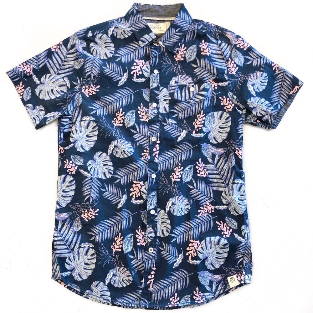 Free Planet Tropical Casual Hawaiian Shirt Blue Pink Men’s Size Small